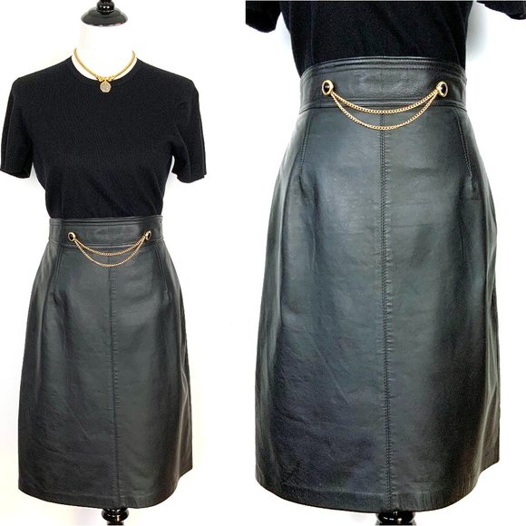 Design Assets Dresses & Skirts - Vintage Design Assets Black Leather High Waist Pencil Skirt Sz 14 (8-10)